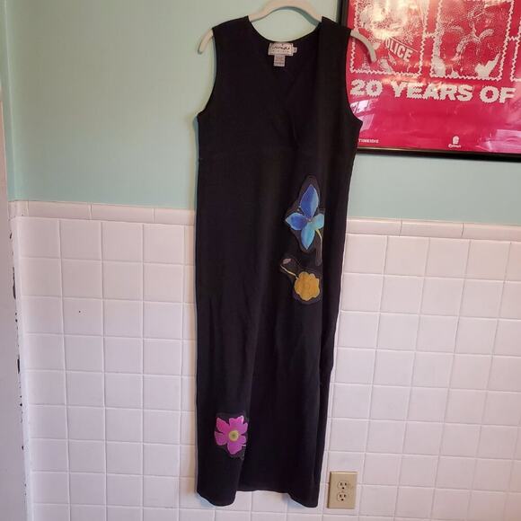 Vintage 90s Black Floral Embroidered Sleeveless Maxi Dress V Neck Cottagecore - Picture 2 of 12